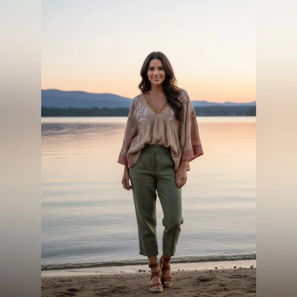 Easel Bohemian Embroidered Blouse in Tan and Pink Size Medium - Picture 2 of 12